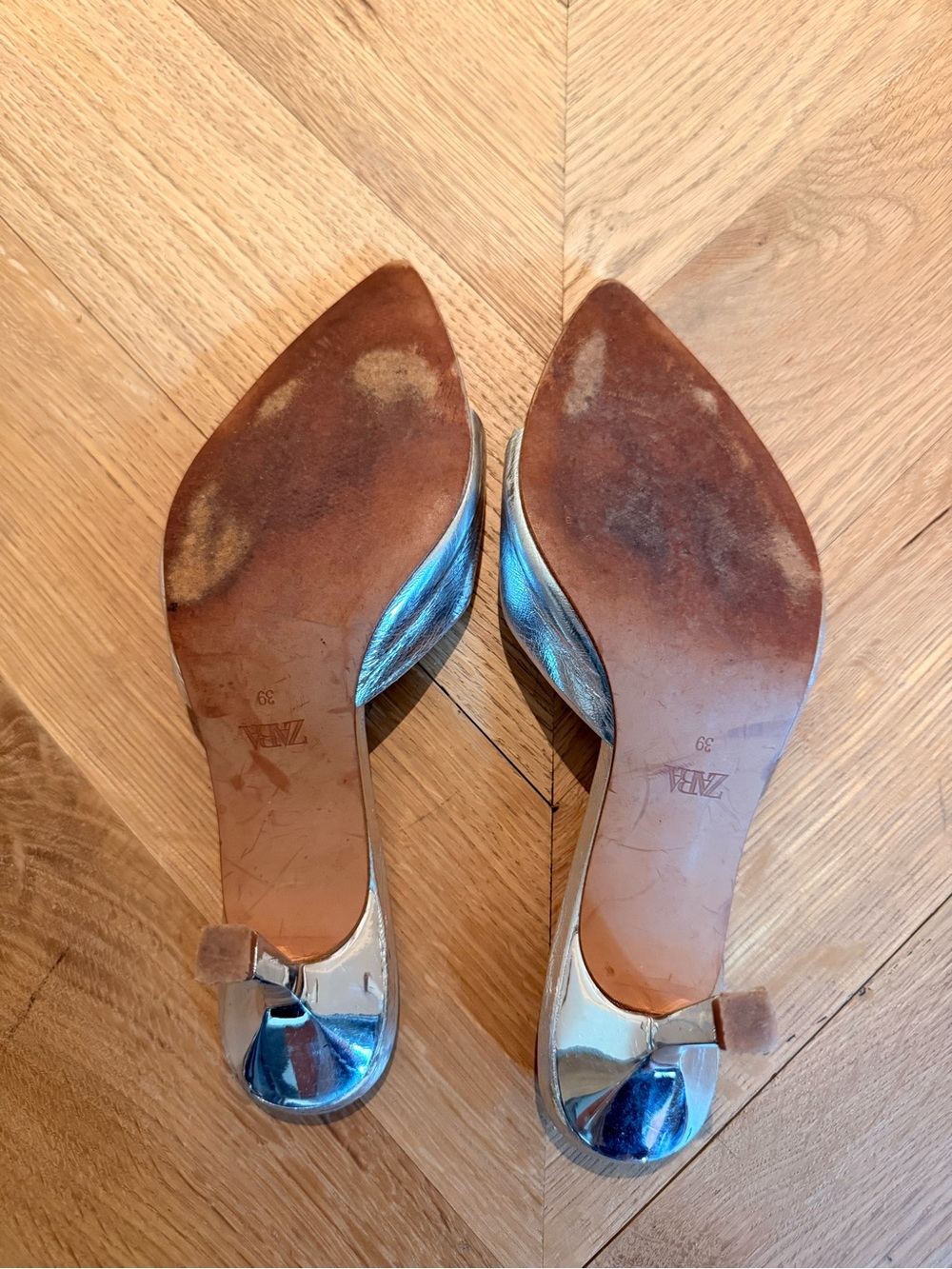 Zara Silver Pointed Open Toe Slide Heels - Metallic Women's Shoes - Picture 4 of 4